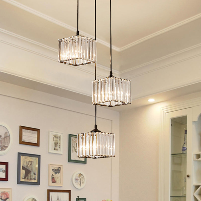 Square Crystal Cluster Pendant Light Simplicity 3-Bulb Dining Room Ceiling Hang Light in Black Clearhalo 'Ceiling Lights' 'Pendant Lights' 'Pendants' Lighting' 2384997