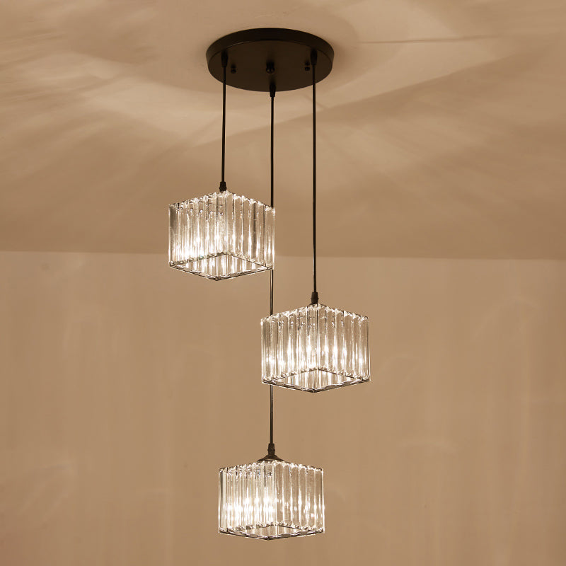 Square Crystal Cluster Pendant Light Simplicity 3-Bulb Dining Room Ceiling Hang Light in Black Clearhalo 'Ceiling Lights' 'Pendant Lights' 'Pendants' Lighting' 2385000