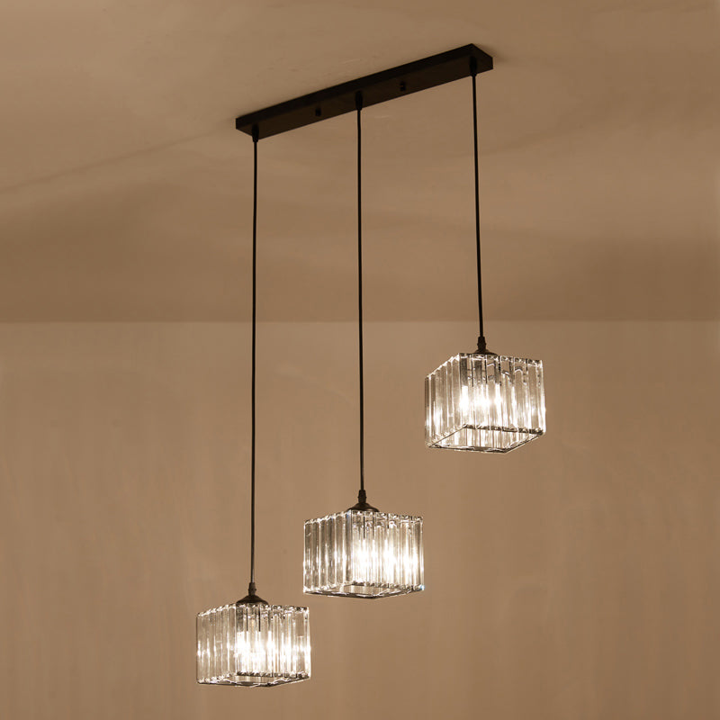 Square Crystal Cluster Pendant Light Simplicity 3-Bulb Dining Room Ceiling Hang Light in Black Clearhalo 'Ceiling Lights' 'Pendant Lights' 'Pendants' Lighting' 2385002