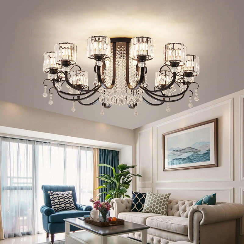 Black Arc Arm Flush Chandelier Modern Crystal Semi Flush Ceiling Light with Cylindrical Shade 12 Black Clearhalo 'Ceiling Lights' 'Close To Ceiling Lights' 'Close to ceiling' 'Semi-flushmount' Lighting' 2385036