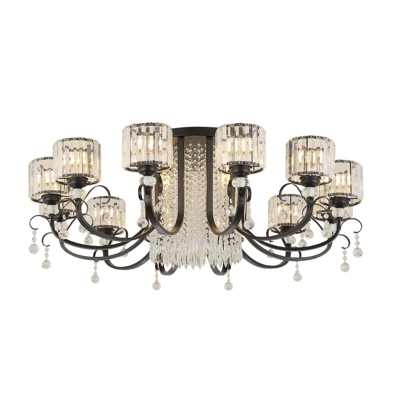 Black Arc Arm Flush Chandelier Modern Crystal Semi Flush Ceiling Light with Cylindrical Shade Clearhalo 'Ceiling Lights' 'Close To Ceiling Lights' 'Close to ceiling' 'Semi-flushmount' Lighting' 2385039