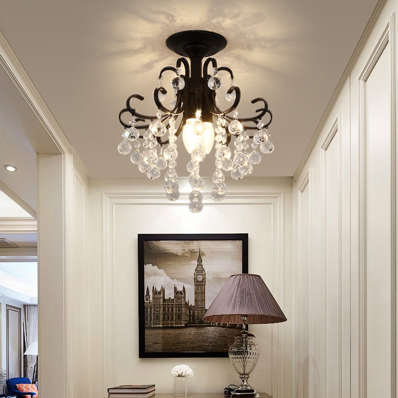 3-Bulb Semi Mount Lighting Vintage Swirl Crystal Ceiling Light in Black for Foyer Clearhalo 'Ceiling Lights' 'Close To Ceiling Lights' 'Close to ceiling' 'Semi-flushmount' Lighting' 2385042