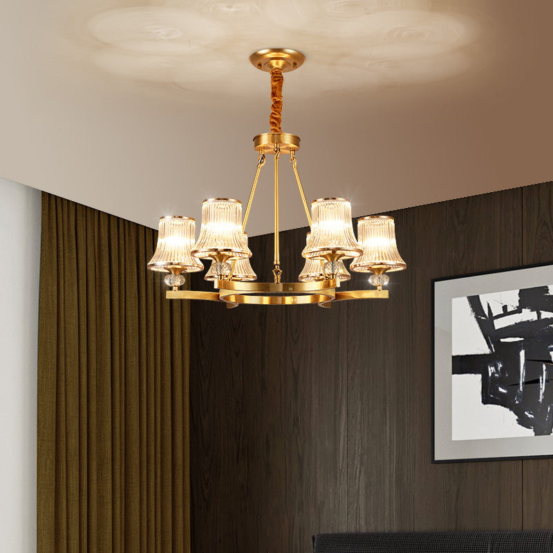 Brass Flared Chandelier Vintage Clear Rib Glass Living Room Suspension Pendant Light Clearhalo 'Ceiling Lights' 'Chandeliers' Lighting' options 2385085