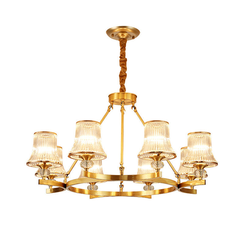 Brass Flared Chandelier Vintage Clear Rib Glass Living Room Suspension Pendant Light Clearhalo 'Ceiling Lights' 'Chandeliers' Lighting' options 2385086