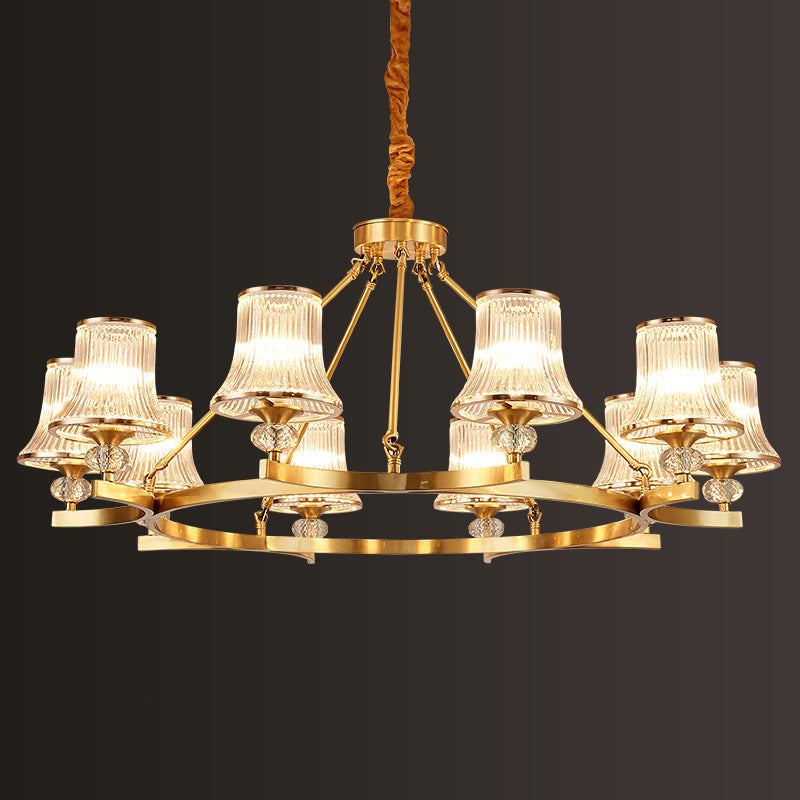 Brass Flared Chandelier Vintage Clear Rib Glass Living Room Suspension Pendant Light Clearhalo 'Ceiling Lights' 'Chandeliers' Lighting' options 2385087