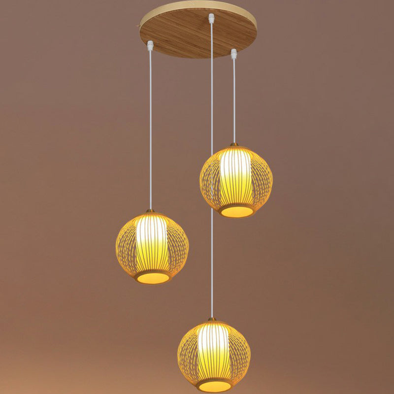 Bamboo Cage Suspension Light Asian Beige Multiple Hanging Pendant Light for Stairway 3 Beige Round Clearhalo 'Ceiling Lights' 'Modern Pendants' 'Modern' 'Pendant Lights' 'Pendants' Lighting' 2385177