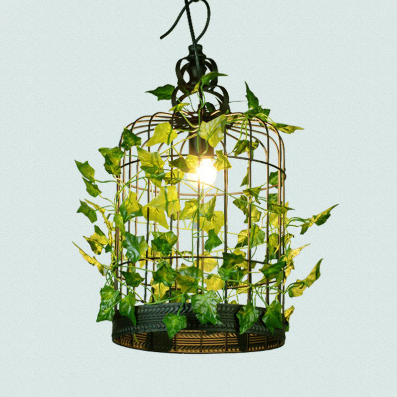 Green Hanging Ceiling Light Country Style Wire Cage Iron Chandelier with Artificial Vine for Restaurant Clearhalo 'Ceiling Lights' 'Chandeliers' Lighting' options 2385344