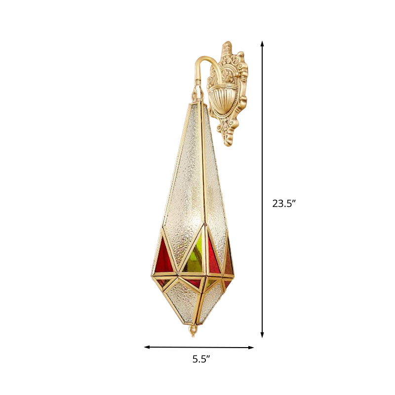 Traditional Tapered Sconce Textured Glass 1 Bulb Wall Mounted Light Fixture in Brass with Curved Arm Clearhalo 'Wall Lamps & Sconces' 'Wall Lights' Lighting' 238545