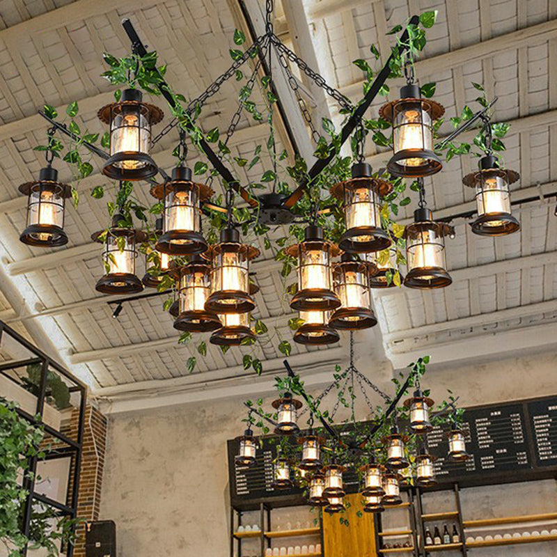 Industrial Style Lantern Chandelier Clear Glass Suspension Light in Black with Green Vine Decoration Clearhalo 'Ceiling Lights' 'Chandeliers' Lighting' 2385476