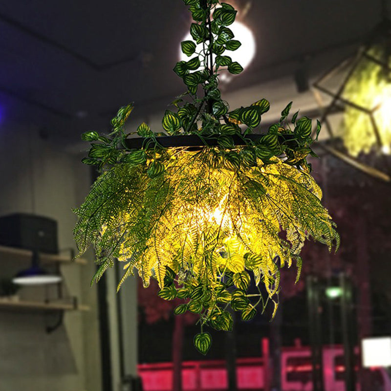 Wagon Wheel Iron Pendant Lighting Industrial Bistro Hanging Chandelier with Artificial Plant in Green Green 16