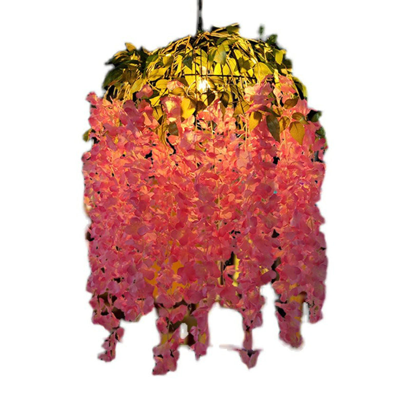 Iron Wire Birdcage Chandelier Lamp Farmhouse 1 Head Bistro Pendant Light with Artificial Flower Pink Clearhalo 'Ceiling Lights' 'Chandeliers' Lighting' 2385504