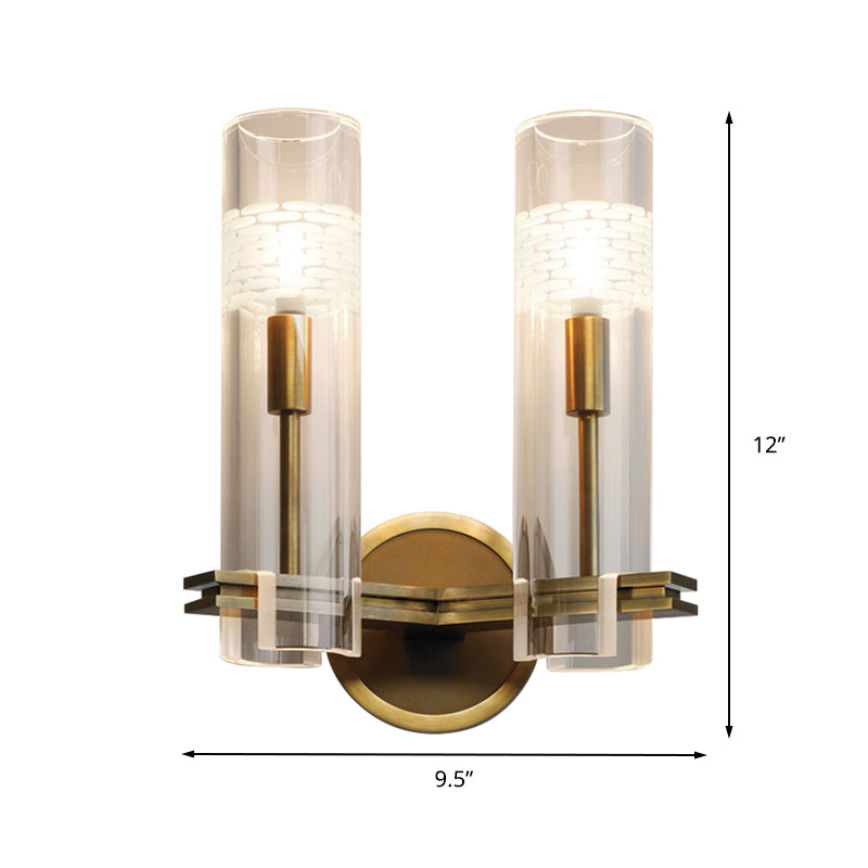 Traditional Tube Wall Mount Lighting Clear Glass 1/2 Heads Wall Mounted Lamp in Gold for Living Room Clearhalo 'Wall Lamps & Sconces' 'Wall Lights' Lighting' 238578