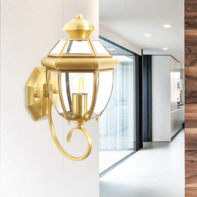 Traditional Urn Sconce Clear Glass 1 Bulb Wall Mounted Light Fixture in Brass with Curved Arm Clearhalo 'Wall Lamps & Sconces' 'Wall Lights' Lighting' 238608