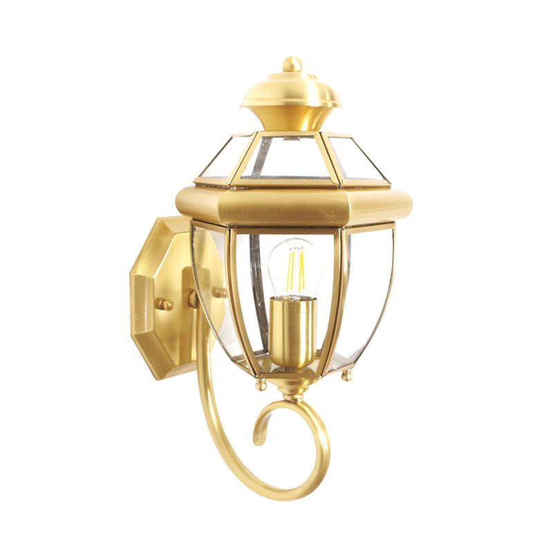 Traditional Urn Sconce Clear Glass 1 Bulb Wall Mounted Light Fixture in Brass with Curved Arm Clearhalo 'Wall Lamps & Sconces' 'Wall Lights' Lighting' 238609