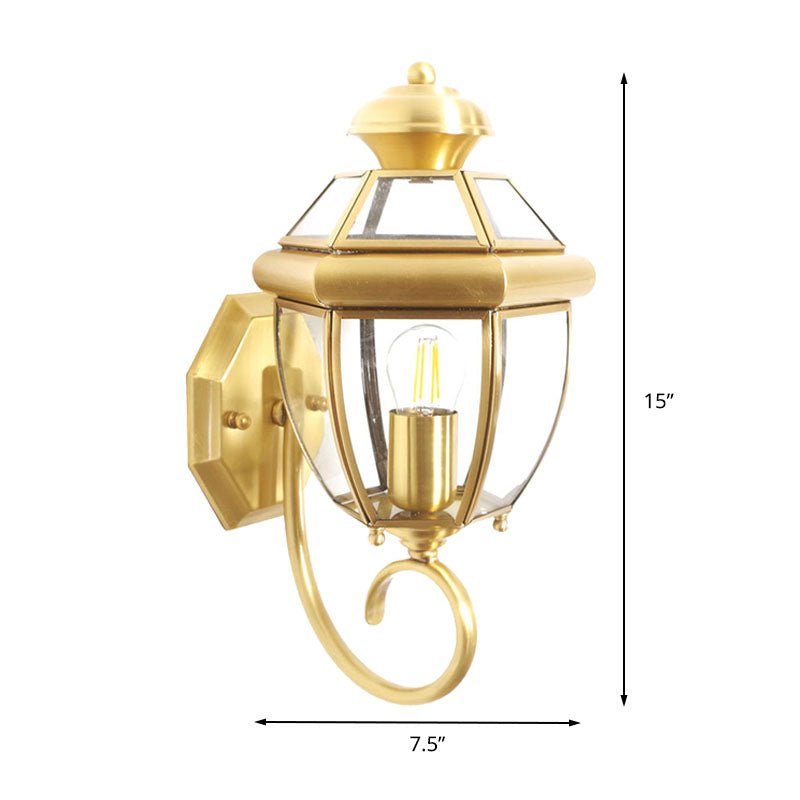 Traditional Urn Sconce Clear Glass 1 Bulb Wall Mounted Light Fixture in Brass with Curved Arm Clearhalo 'Wall Lamps & Sconces' 'Wall Lights' Lighting' 238610