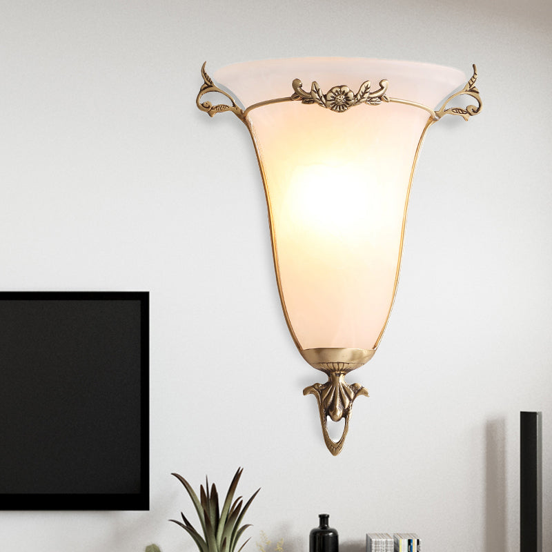 Traditional Trumpet Wall Mount Lighting Frosted Glass 1 Head Wall Mounted Lamp in Brass Clearhalo 'Wall Lamps & Sconces' 'Wall Lights' Lighting' 238751