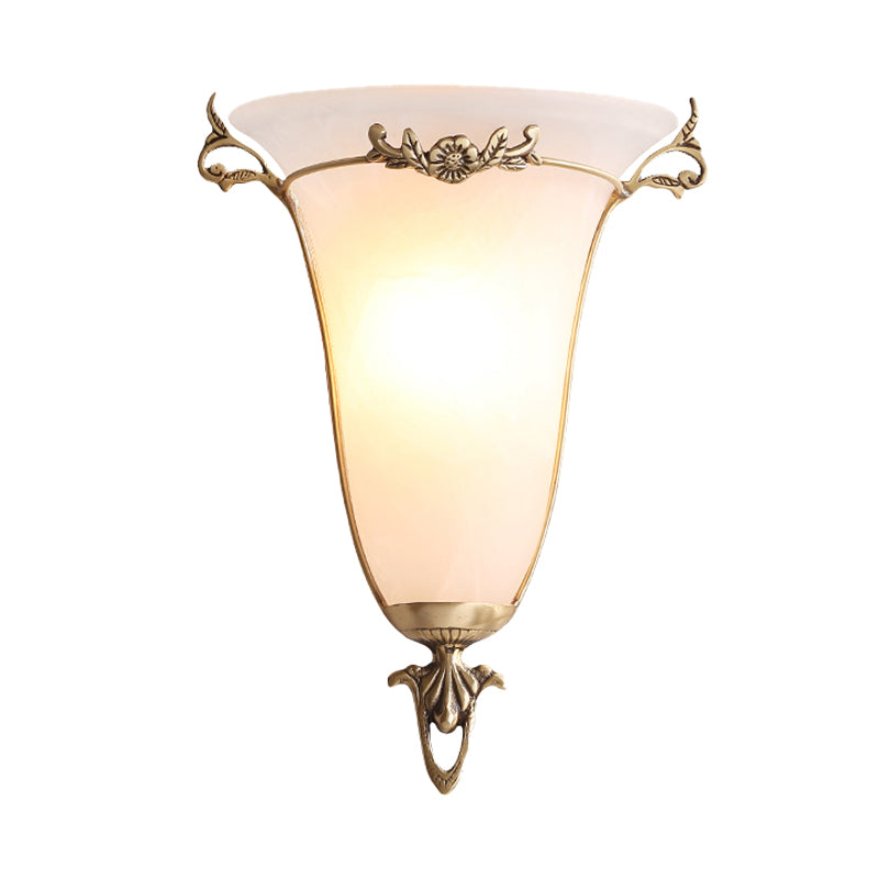 Traditional Trumpet Wall Mount Lighting Frosted Glass 1 Head Wall Mounted Lamp in Brass Clearhalo 'Wall Lamps & Sconces' 'Wall Lights' Lighting' 238752