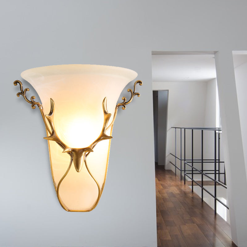 Traditional Trumpet Wall Mount Lighting Frosted Glass 1 Head Wall Mounted Lamp in Brass with Elk Brass Clearhalo 'Wall Lamps & Sconces' 'Wall Lights' Lighting' 238765