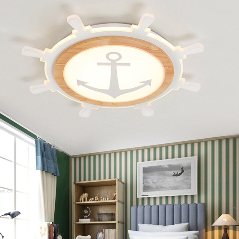 Nautical Theme Flush Ceiling Light Creative Acrylic Light Wood LED Flush Mount for Kids Room Light Wood Natural Rudder Clearhalo 'Ceiling Lights' 'Close To Ceiling Lights' 'Close to ceiling' 'Flush mount' Lighting' 2388703