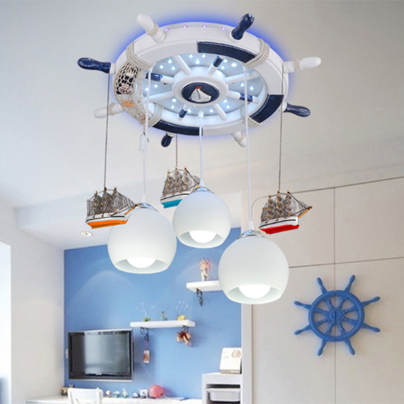 White Glass Dome Flushmount Creative 3-Head Semi Flush Ceiling Light with Rudder Canopy and Boat Decor White Clearhalo 'Ceiling Lights' 'Close To Ceiling Lights' 'Close to ceiling' 'Semi-flushmount' Lighting' 2388721