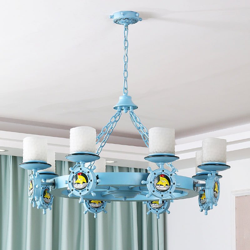 Cylindrical Up Chandelier Cartoon Opal Glass Child Room Pendant Light with Rudder Decor in Blue Clearhalo 'Ceiling Lights' 'Chandeliers' Lighting' 2388729