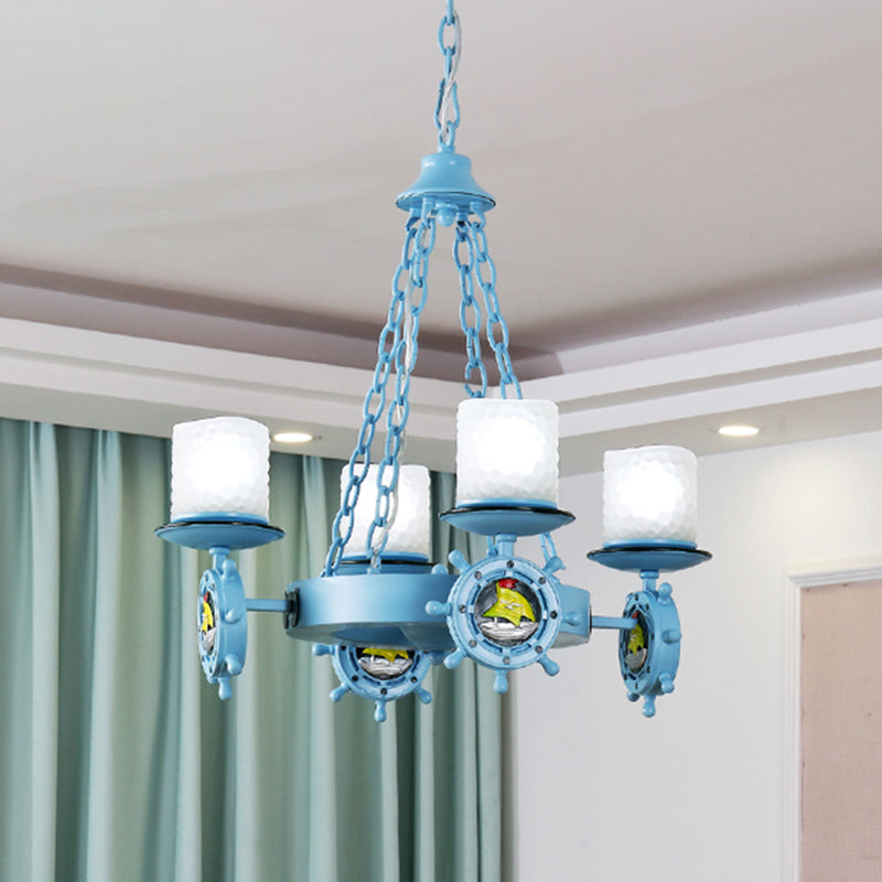 Cylindrical Up Chandelier Cartoon Opal Glass Child Room Pendant Light with Rudder Decor in Blue 4 Blue Clearhalo 'Ceiling Lights' 'Chandeliers' Lighting' 2388731