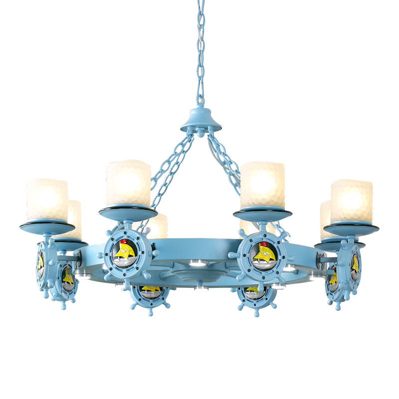 Cylindrical Up Chandelier Cartoon Opal Glass Child Room Pendant Light with Rudder Decor in Blue Clearhalo 'Ceiling Lights' 'Chandeliers' Lighting' 2388732