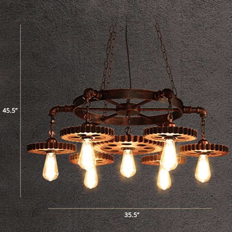 Bronze Finish Chandelier Factory Style Iron Bare Bulb Suspension Light with Gear and Wheel Deco Clearhalo 'Cast Iron' 'Ceiling Lights' 'Chandeliers' 'Industrial Chandeliers' 'Industrial' 'Metal' 'Middle Century Chandeliers' 'Rustic Chandeliers' 'Tiffany' Lighting' 2388771