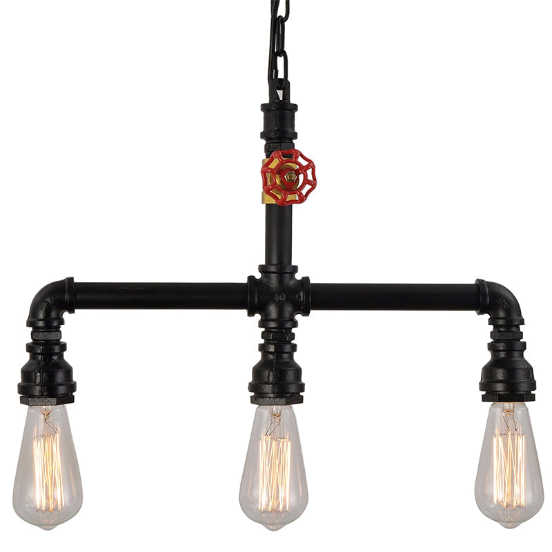 Water Pipe Restaurant Island Lamp Industrial Metal 3-Head Hanging Light with Red Valve Decor Clearhalo 'Ceiling Lights' 'Island Lights' Lighting' 2388775