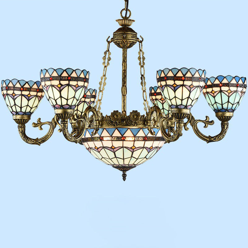 Bronze Finish Chandelier Classic Handcrafted Stained Glass Bell Ceiling Light for Dining Room 9 Bronze Up Clearhalo 'Ceiling Lights' 'Chandeliers' 'Industrial' 'Middle Century Chandeliers' 'Pendant Lights' 'Tiffany Chandeliers' 'Tiffany close to ceiling' 'Tiffany' Lighting' 2388871