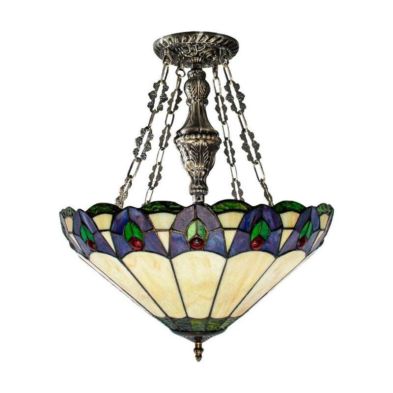 Mission Conical Pendant Chandelier 3-Light Stained Glass Hanging Light in Beige for Dining Room Clearhalo 'Ceiling Lights' 'Chandeliers' 'Industrial' 'Middle Century Chandeliers' 'Pendant Lights' 'Tiffany Chandeliers' 'Tiffany close to ceiling' 'Tiffany' Lighting' 2388898