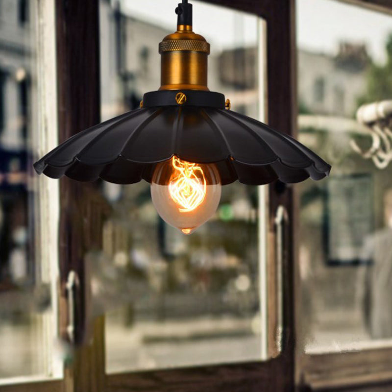 Scalloped Iron Ceiling Suspension Lamp Loft 1 Bulb Dining Room Pendulum Light in Black Black Clearhalo 'Art Deco Pendants' 'Black' 'Cast Iron' 'Ceiling Lights' 'Ceramic' 'Crystal' 'Industrial Pendants' 'Industrial' 'Metal' 'Middle Century Pendants' 'Pendant Lights' 'Pendants' 'Rustic Pendants' 'Tiffany' Lighting' 2388984