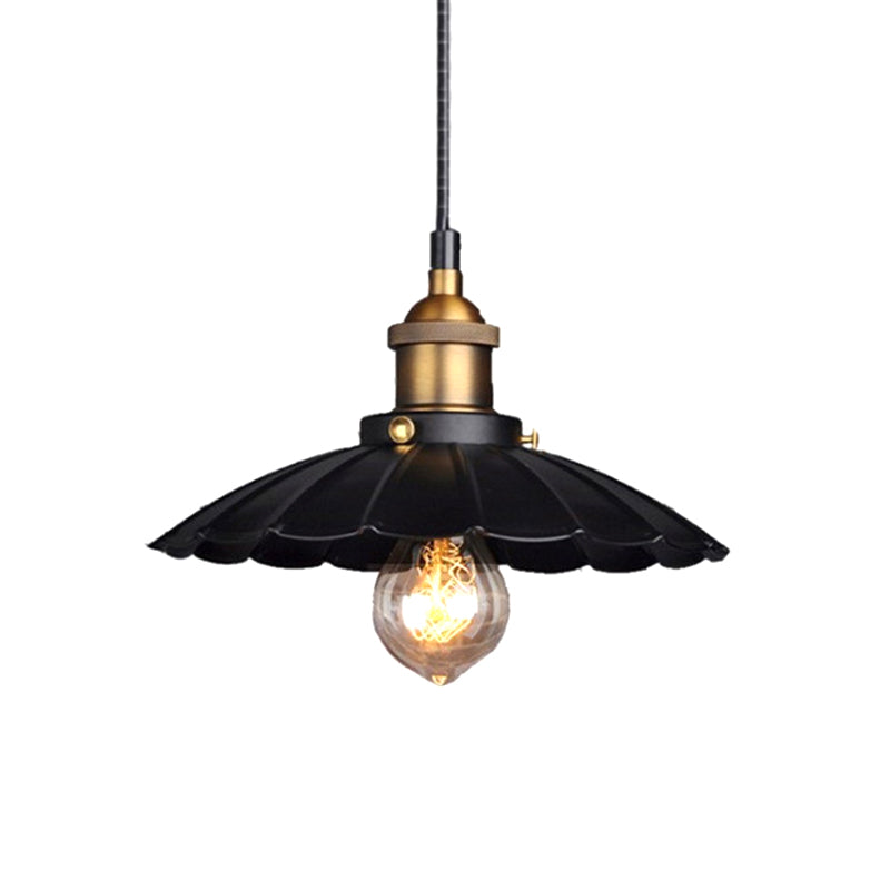 Scalloped Iron Ceiling Suspension Lamp Loft 1 Bulb Dining Room Pendulum Light in Black Clearhalo 'Art Deco Pendants' 'Black' 'Cast Iron' 'Ceiling Lights' 'Ceramic' 'Crystal' 'Industrial Pendants' 'Industrial' 'Metal' 'Middle Century Pendants' 'Pendant Lights' 'Pendants' 'Rustic Pendants' 'Tiffany' Lighting' 2388987