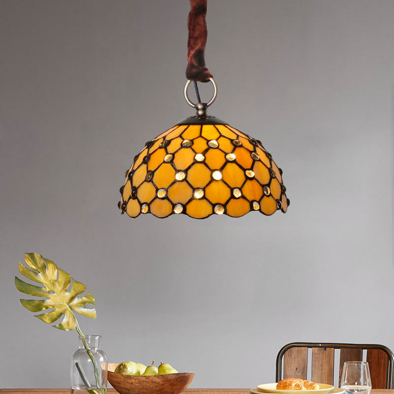 Beige Bowl Suspension Lamp Tiffany 1-Bulb Cut Glass Ceiling Light Fixture with Jewel Deco Clearhalo 'Ceiling Lights' 'Glass shade' 'Glass' 'Industrial' 'Middle Century Pendants' 'Pendant Lights' 'Pendants' 'Tiffany close to ceiling' 'Tiffany Pendants' 'Tiffany' Lighting' 2389030