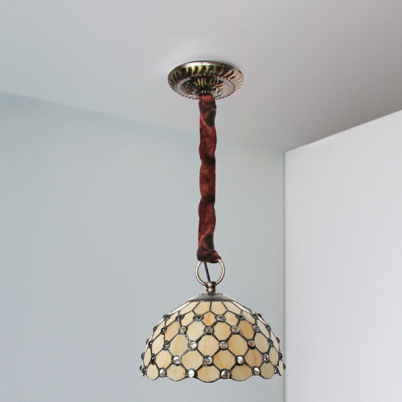 Beige Bowl Suspension Lamp Tiffany 1-Bulb Cut Glass Ceiling Light Fixture with Jewel Deco Clearhalo 'Ceiling Lights' 'Glass shade' 'Glass' 'Industrial' 'Middle Century Pendants' 'Pendant Lights' 'Pendants' 'Tiffany close to ceiling' 'Tiffany Pendants' 'Tiffany' Lighting' 2389031