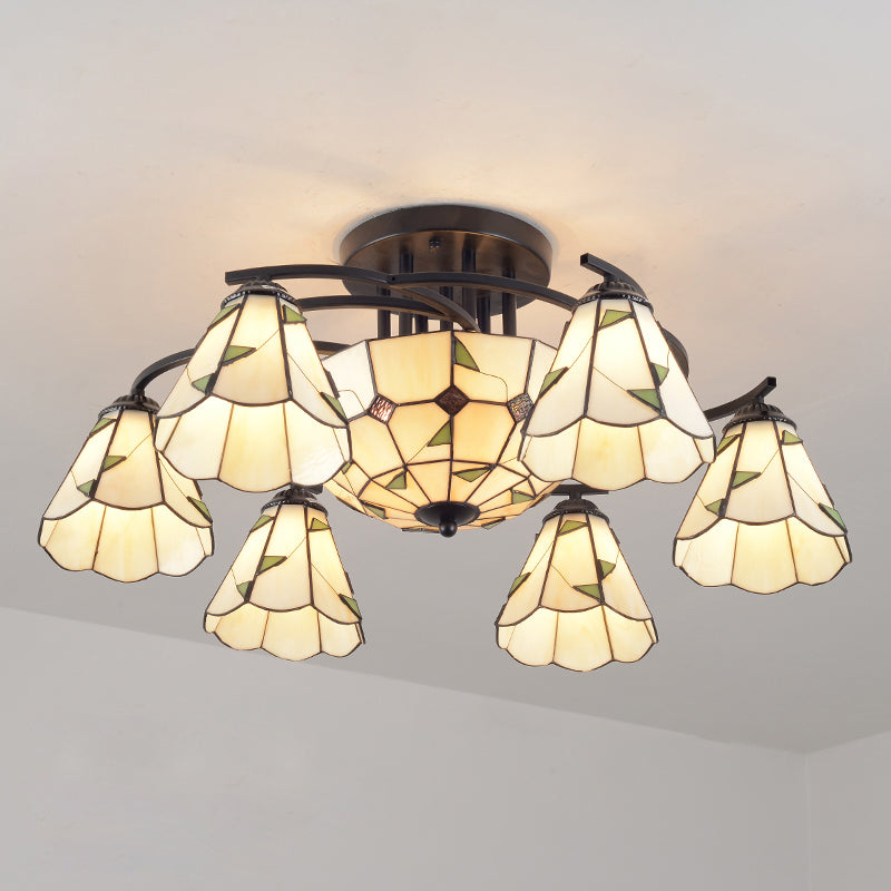 Mediterranean Flower Ceiling Flush Light Stained Art Glass Semi Mount Lighting for Bedroom 9 Green Clearhalo 'Ceiling Lights' 'Chandeliers' 'Close To Ceiling Lights' 'Close to ceiling' 'Semi-flushmount' 'Tiffany close to ceiling' 'Tiffany' Lighting' 2389145