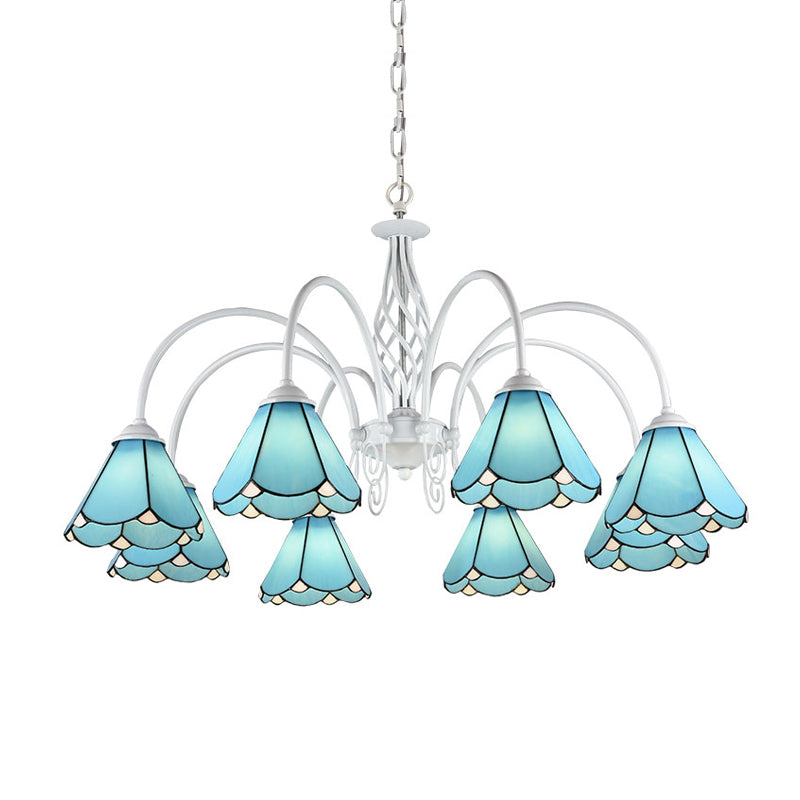 Conical Hanging Ceiling Light Mediterranean Blue Handcrafted Glass Chandelier with White Arched Arm 8 Blue Down Clearhalo 'Ceiling Lights' 'Chandeliers' 'Close To Ceiling Lights' 'Industrial' 'Middle Century Chandeliers' 'Tiffany Chandeliers' 'Tiffany close to ceiling' 'Tiffany' Lighting' 2389170