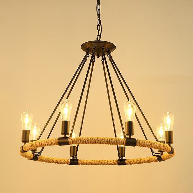 Manila Rope Chandelier Pendant Farmhouse Black Circular Restaurant Hanging Ceiling Light 8 Black Clearhalo 'Cast Iron' 'Ceiling Lights' 'Chandeliers' 'Industrial Chandeliers' 'Industrial' 'Metal' 'Middle Century Chandeliers' 'Rustic Chandeliers' 'Tiffany' Lighting' 2389220