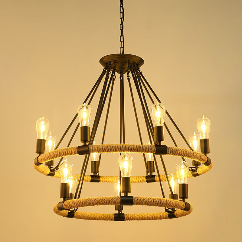 Manila Rope Chandelier Pendant Farmhouse Black Circular Restaurant Hanging Ceiling Light 12 Black Clearhalo 'Cast Iron' 'Ceiling Lights' 'Chandeliers' 'Industrial Chandeliers' 'Industrial' 'Metal' 'Middle Century Chandeliers' 'Rustic Chandeliers' 'Tiffany' Lighting' 2389221