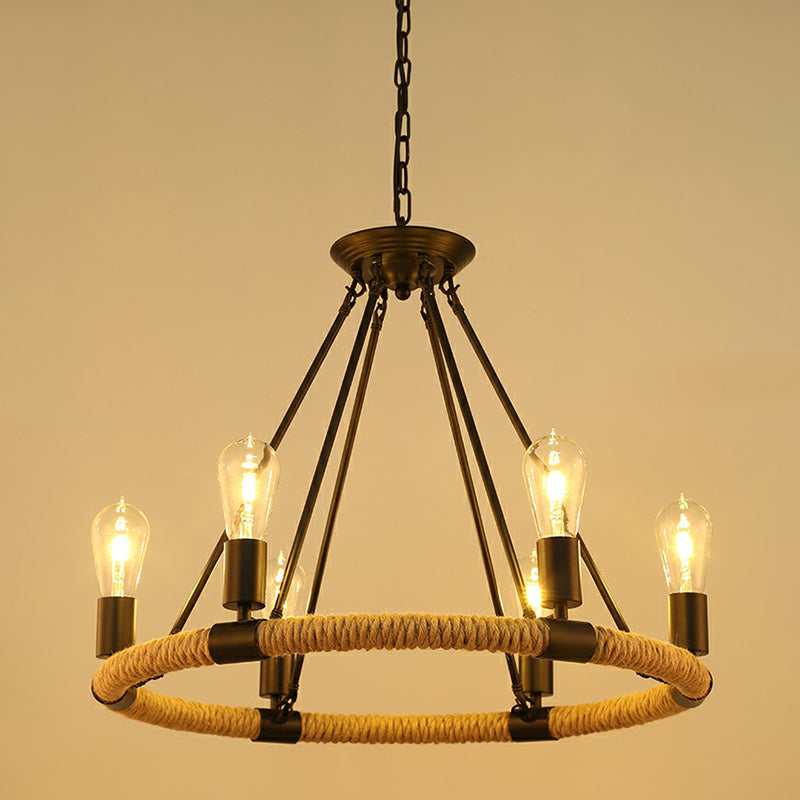 Manila Rope Chandelier Pendant Farmhouse Black Circular Restaurant Hanging Ceiling Light 6 Black Clearhalo 'Cast Iron' 'Ceiling Lights' 'Chandeliers' 'Industrial Chandeliers' 'Industrial' 'Metal' 'Middle Century Chandeliers' 'Rustic Chandeliers' 'Tiffany' Lighting' 2389223