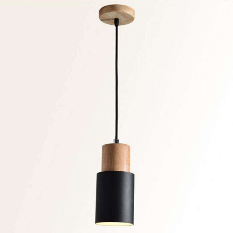 Tubular Bedside Pendant Spotlight Metal 1-Light Minimalist Hanging Lamp with Wooden Top Black Clearhalo 'Ceiling Lights' 'Pendant Lights' 'Pendants' Lighting' 2389384