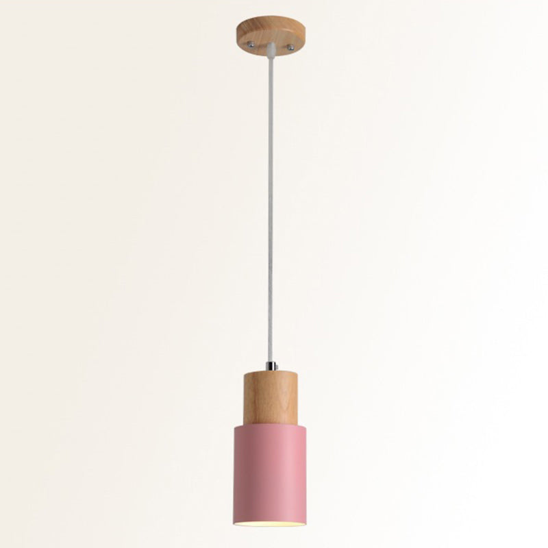 Tubular Bedside Pendant Spotlight Metal 1-Light Minimalist Hanging Lamp with Wooden Top Pink Clearhalo 'Ceiling Lights' 'Pendant Lights' 'Pendants' Lighting' 2389385