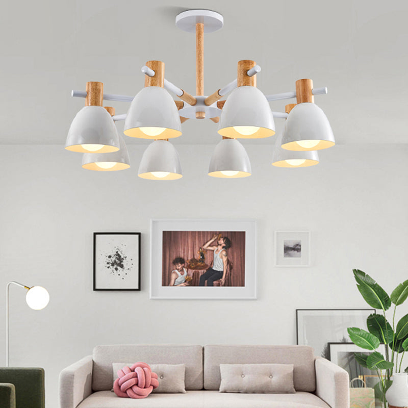 White Bell Suspension Light Fixture Minimalist Metal Chandelier Lamp with Wooden Decor 8 White Clearhalo 'Ceiling Lights' 'Chandeliers' Lighting' 2389441