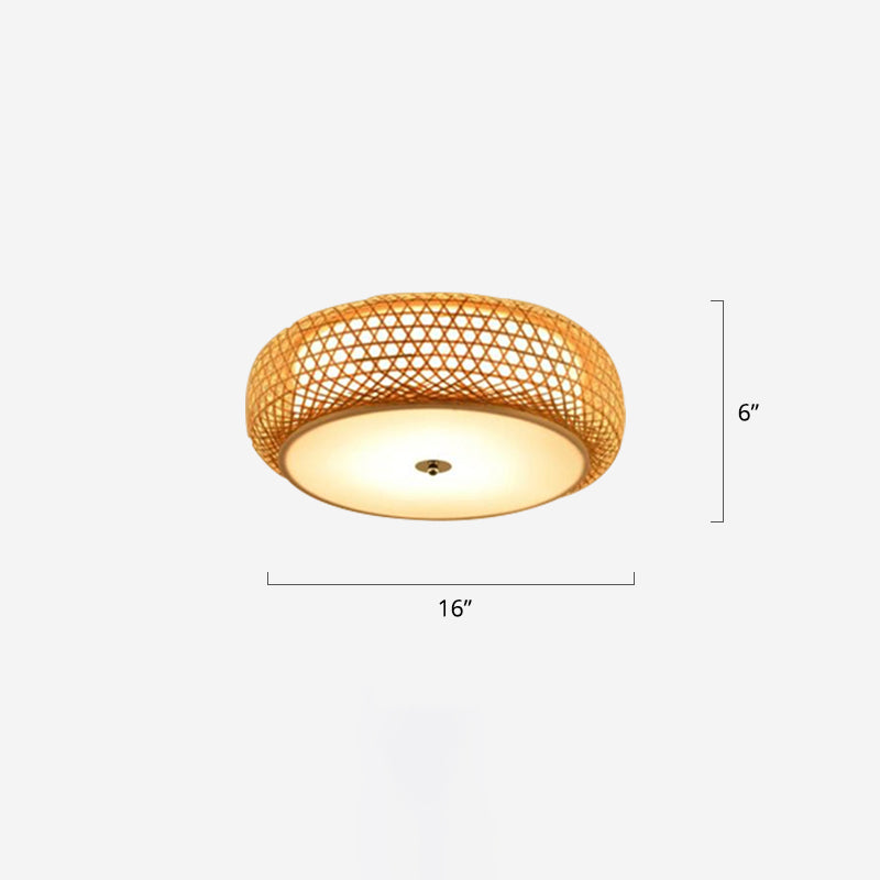 Round Bamboo Flush Mount Lamp Asian 1 Bulb Beige Ceiling Light Fixture for Bedroom Beige 16