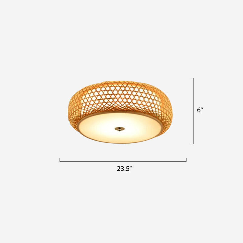 Round Bamboo Flush Mount Lamp Asian 1 Bulb Beige Ceiling Light Fixture for Bedroom Beige 23.5