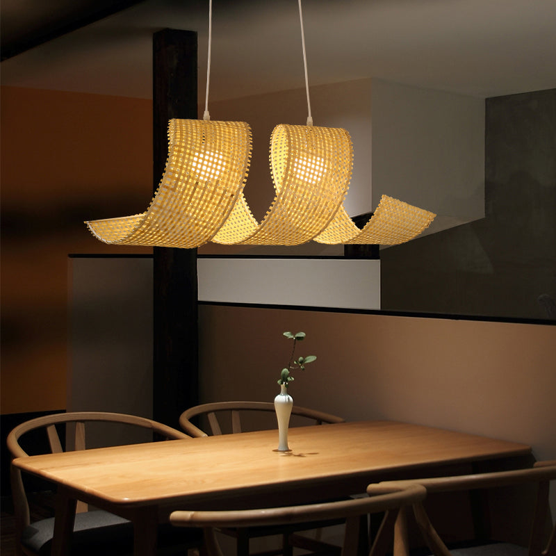 Beige Curl Hanging Light Minimalist 2-Light Bamboo Pendant Light Fixture for Tea Room Clearhalo 'Ceiling Lights' 'Pendant Lights' 'Pendants' Lighting' 2389463