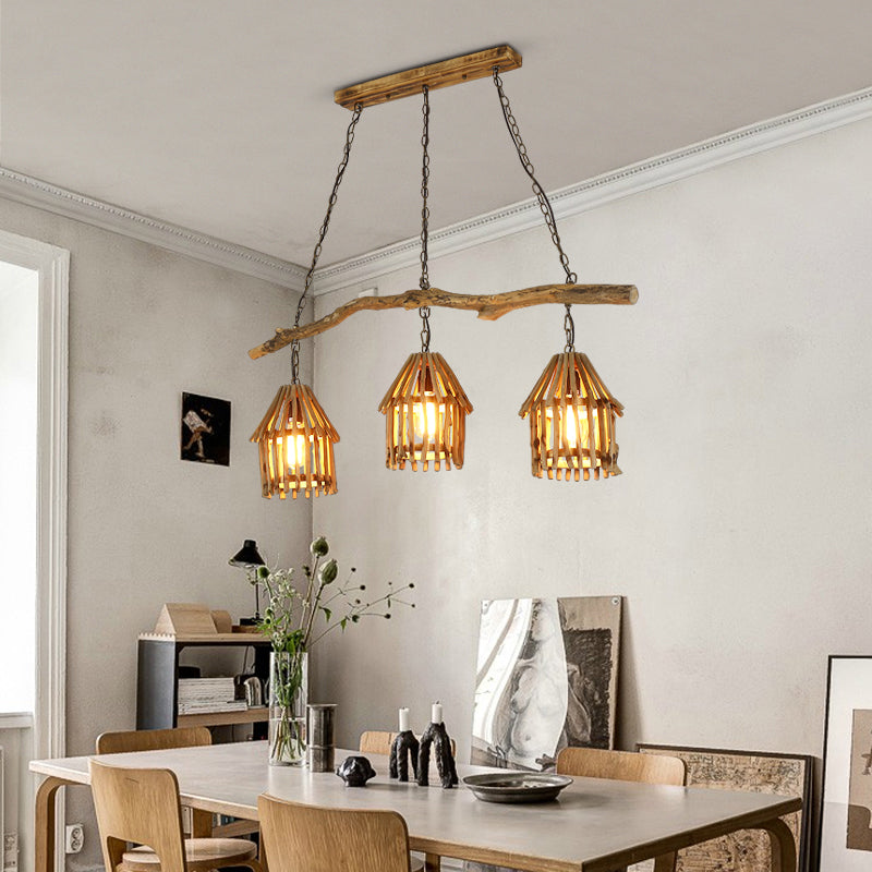 Wooden House Shaped Hanging Lamp Nordic 3 Heads Island Pendant Light for Dining Room Clearhalo 'Ceiling Lights' 'Island Lights' Lighting' 2389469