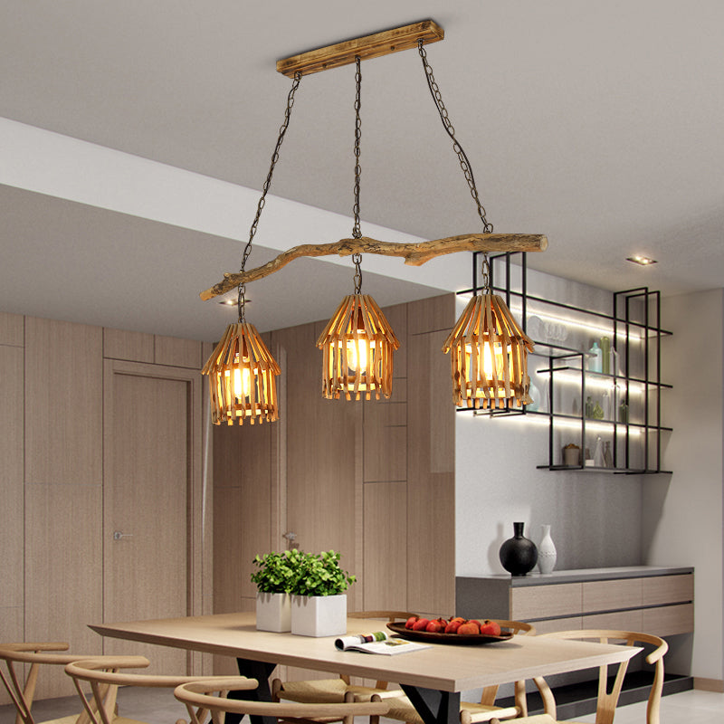 Wooden House Shaped Hanging Lamp Nordic 3 Heads Island Pendant Light for Dining Room Clearhalo 'Ceiling Lights' 'Island Lights' Lighting' 2389470