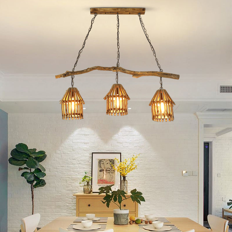 Wooden House Shaped Hanging Lamp Nordic 3 Heads Island Pendant Light for Dining Room Clearhalo 'Ceiling Lights' 'Island Lights' Lighting' 2389471