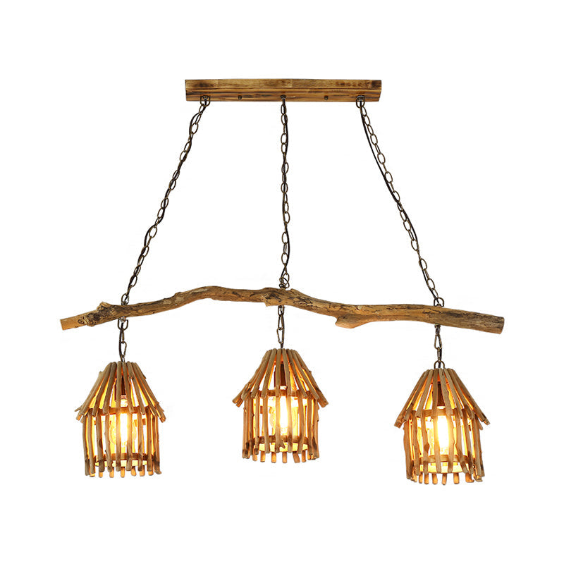 Wooden House Shaped Hanging Lamp Nordic 3 Heads Island Pendant Light for Dining Room Clearhalo 'Ceiling Lights' 'Island Lights' Lighting' 2389472